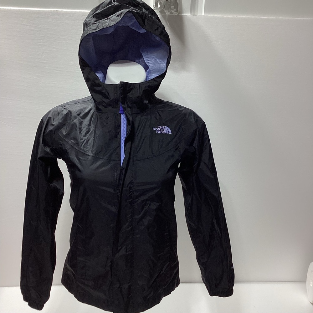 The North Face Girls Jacket Windbreaker Black and Purple Hooded Zip Front Medium